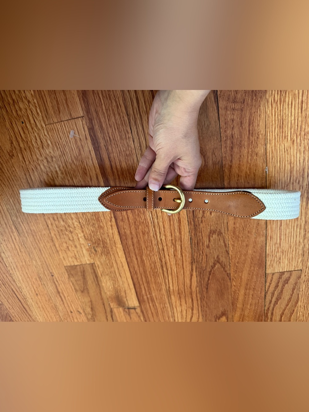 Lands' End Cream Elastic and Brown Leather Belt size 32